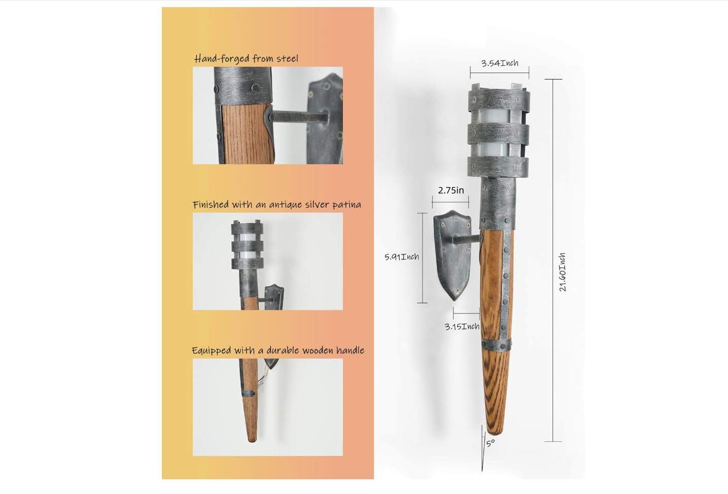 Medieval Torch Wall Sconce, Metal Torch Lamps with Wood Handles, Medieval Torch Light, Hand-Forged Wooden Handle Wall Lamps with E26 Light Bulb