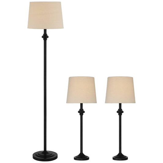 360 Lighting Carter 3-Piece Table & Floor Lamp Set, Black Metal with Cream Drum Shades, Ideal for Living Room, Bedroom, Office
