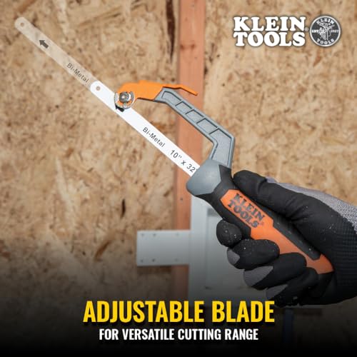 Klein Tools 31432FC Mini Finish-Cut Hacksaw, 10-Inch 32 TPI Bi-Metal Blade Hand Saw, Cuts Plastic, Wood, and Thin-Wall Metal in Tight Spaces
