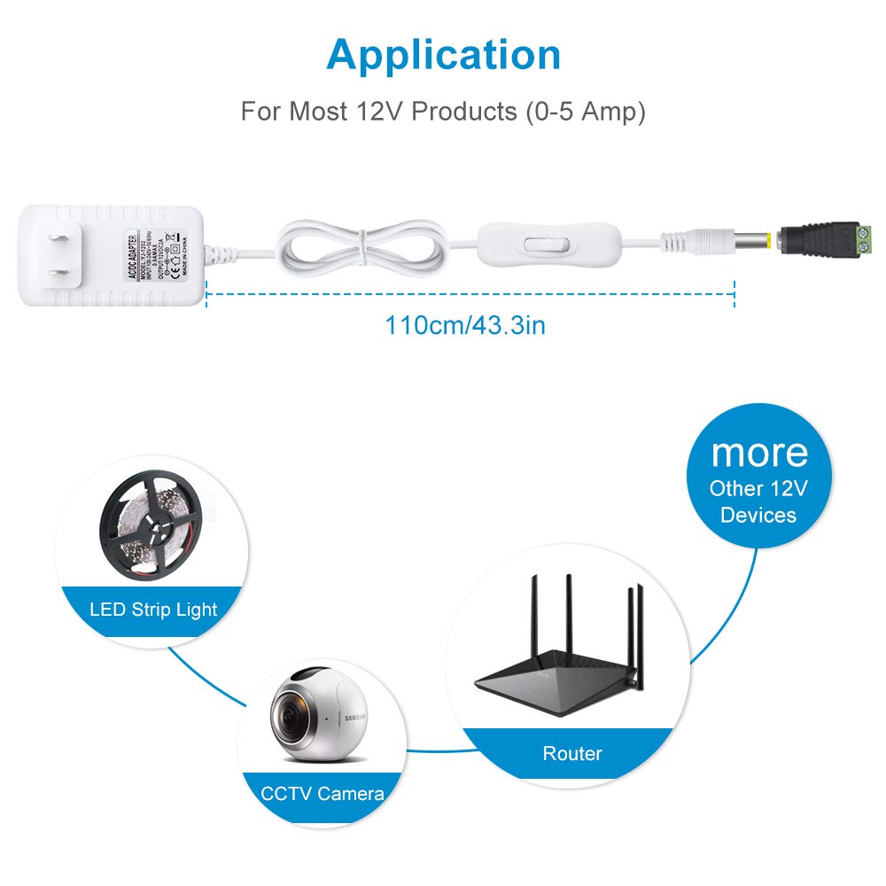 12V 2A 24W DC Power Supply with On/Off Switch, AC 110V to 12V Adapter for LED Strips, 5.5x2.1mm Female Connector, White