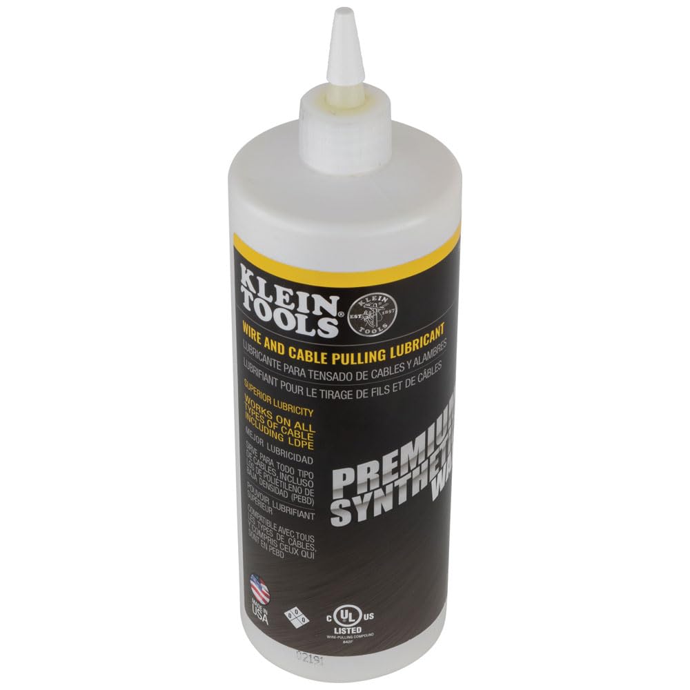 Klein Tools 51010 Wax Lubricant, Made in USA, Premium Synthetic Wax Wire and Cable Pulling Lubricant, 1-Quart Squeeze Bottle