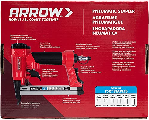 Arrow PT50 Oil-Free Pneumatic Staple Gun, Heavy-Duty Professional Stapler for Wood, Upholstery, Carpet & Fencing, Red