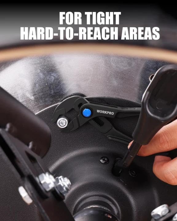 WORKPRO 4-Inch Mini Water Pump Pliers, Adjustable Groove Joint with 15-Position Push-Lock & V-Jaw, Ideal for Tight Spaces & Multi-Surface Grip