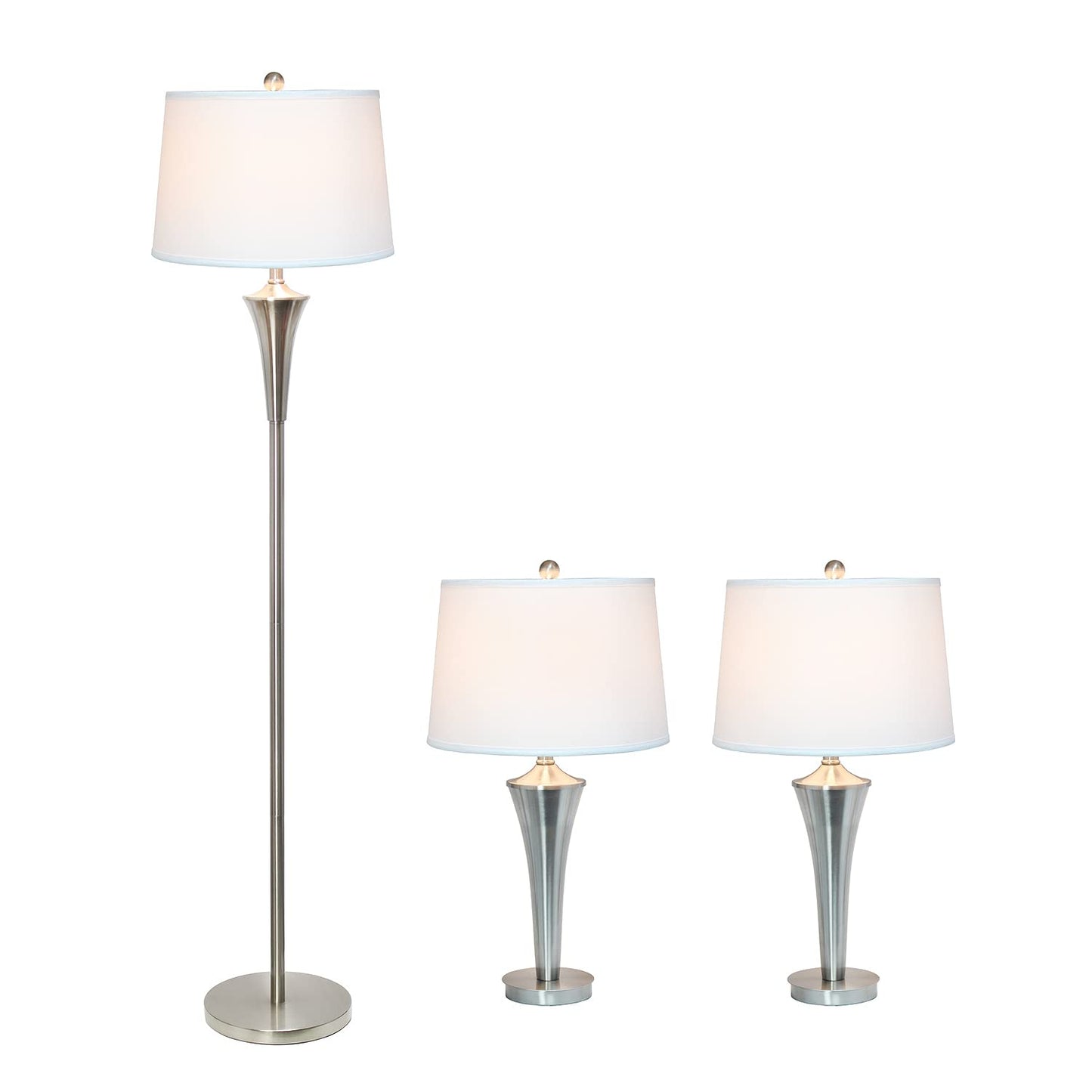 Elegant Designs LC1020-BSN Tapered 3 Pack Lamp Set (2 Table Lamps, 1 Floor Lamp) with White Fabric Shades, Brushed Nickel