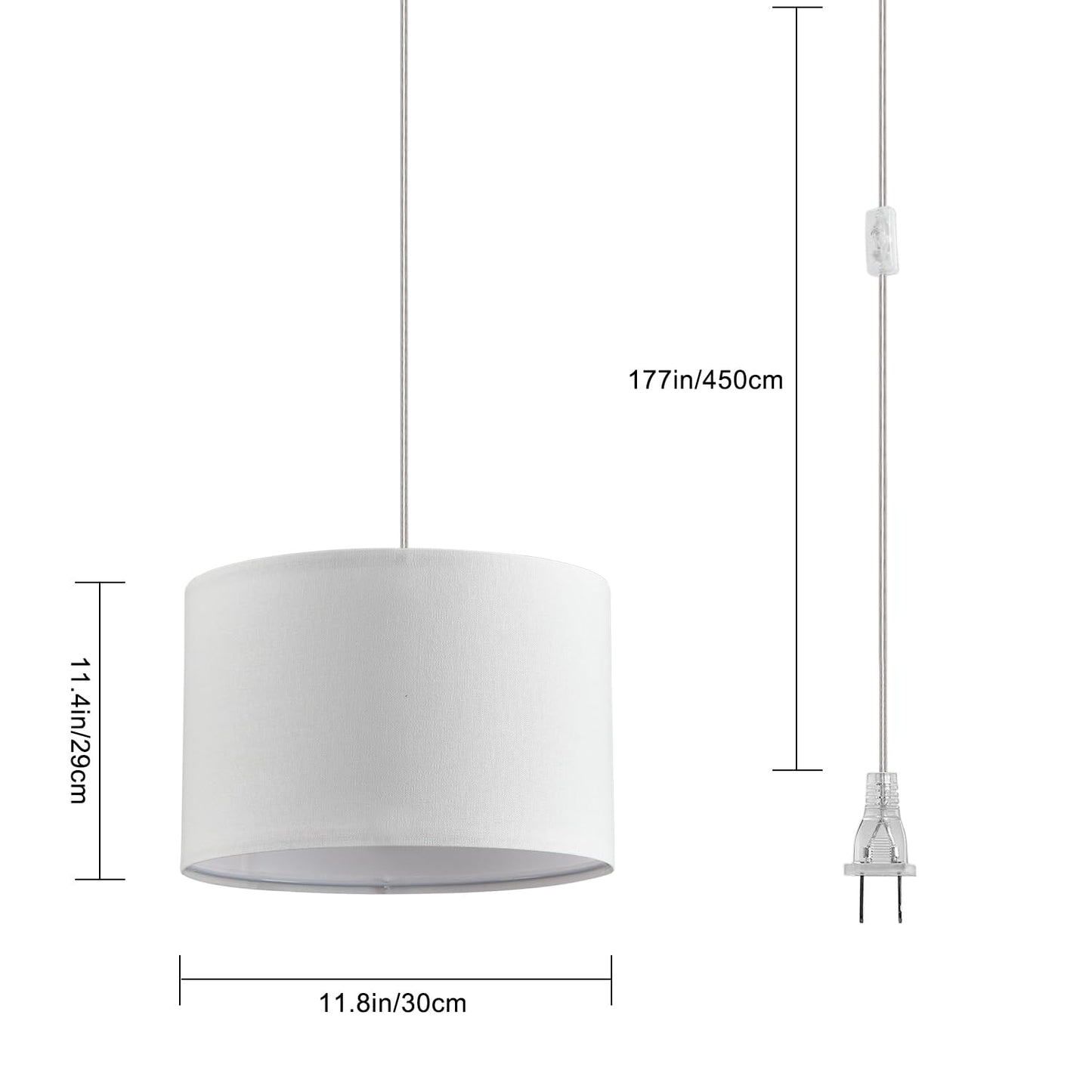 **IHENGYANLT 2-Pack Plug-In Pendant Light with 15ft Clear Cord, On/Off Switch, White Fabric Shade for Bedroom & Kitchen**