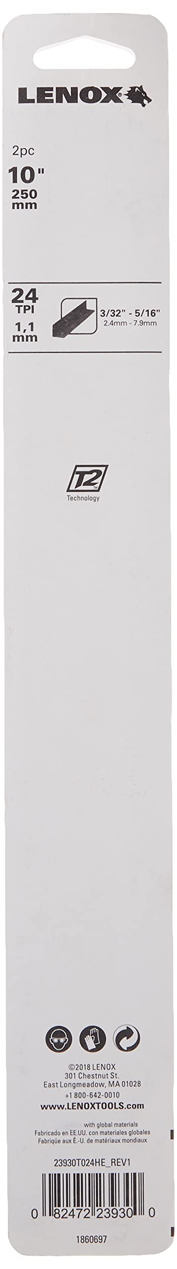 LENOX Tools Hacksaw Blade, Bi-Metal, Metal Cutting, 10-inch, 24 TPI, 2-Pack (23930T024HE)