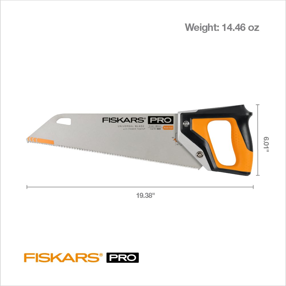 Fiskars Pro Power Tooth Universal Hand Saw - 15" Blade and Safety Sheath - Carpenter Saw - Construction Tools - Orange/Black