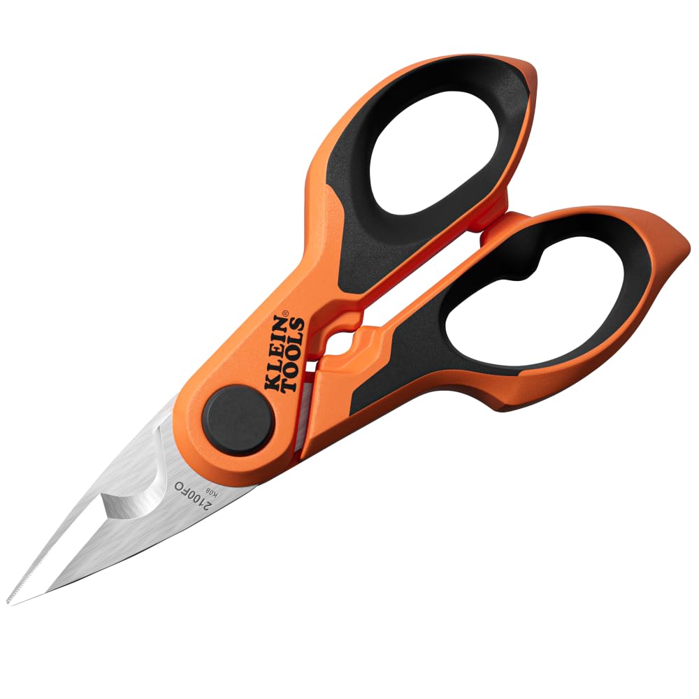 Klein Tools 2100FO Stainless Electrician Scissors with Serrated Blade and Cable Stripper, Compact Shears for Wire and Cable Cutting, 6-Inch