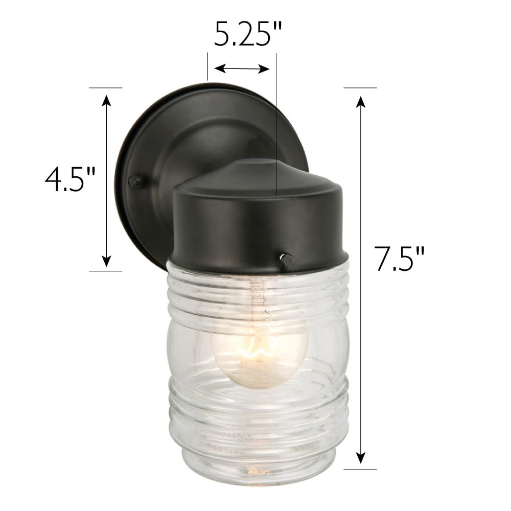 Design House Matte Black Outdoor Wall Light, Jelly Jar Clear Ribbed Glass, Dimmable, Wet Rated, LED-Compatible, 5.25"x7.5"