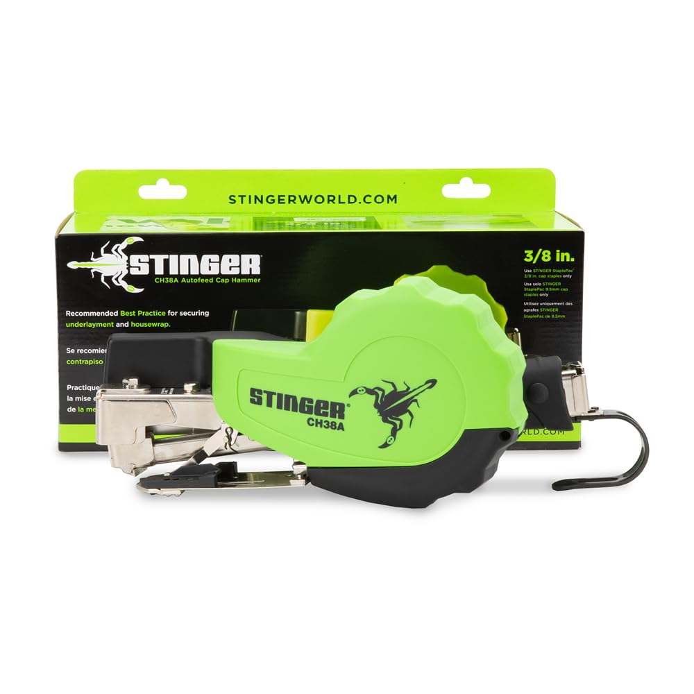 CH38A Autofeed Cap Staple Hammer Tacker, 1" Caps, 3/8" Staples for Roofing Underlayment, Housewrap, and Insulation (STINGER 0136401)