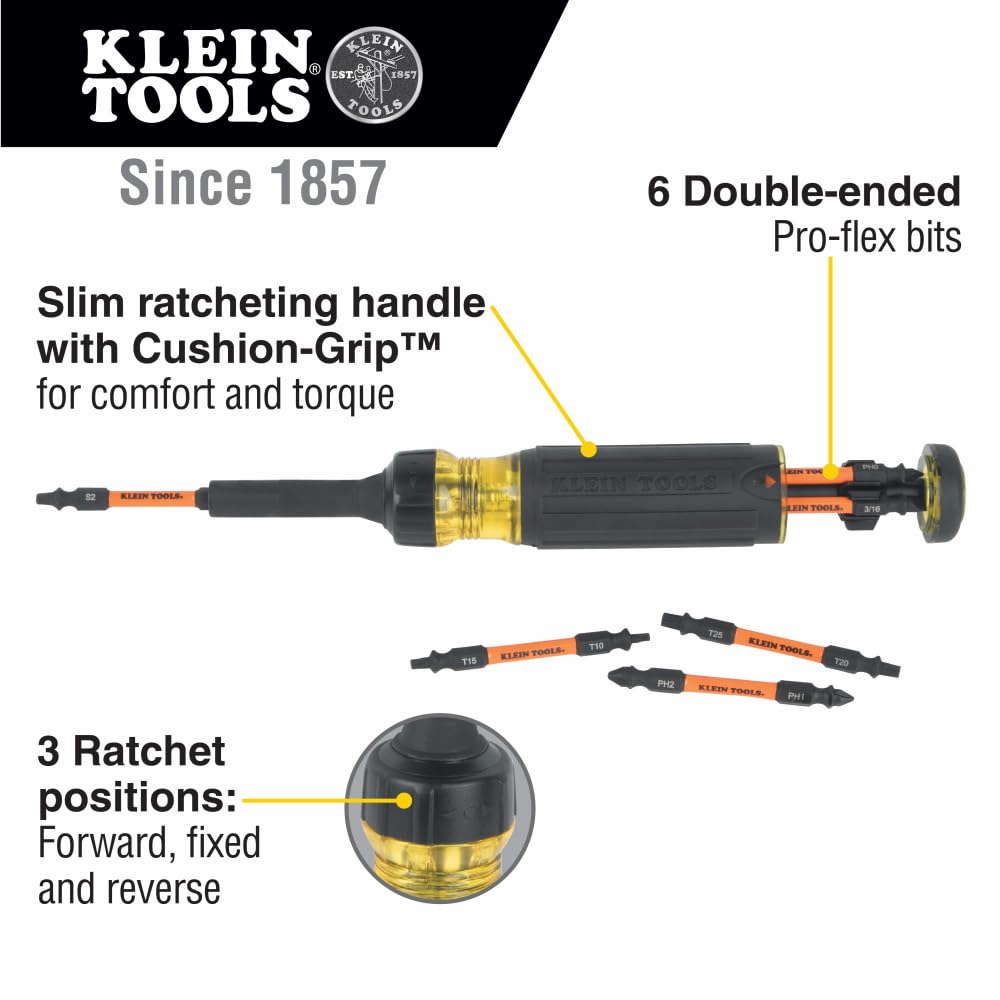 Klein Tools 32313HD 13-in-1 Multi-bit Ratcheting Screwdriver, Double-Ended Impact Bit Set, 12 Impact Driver Bits and 1/4-Inch Nut Driver
