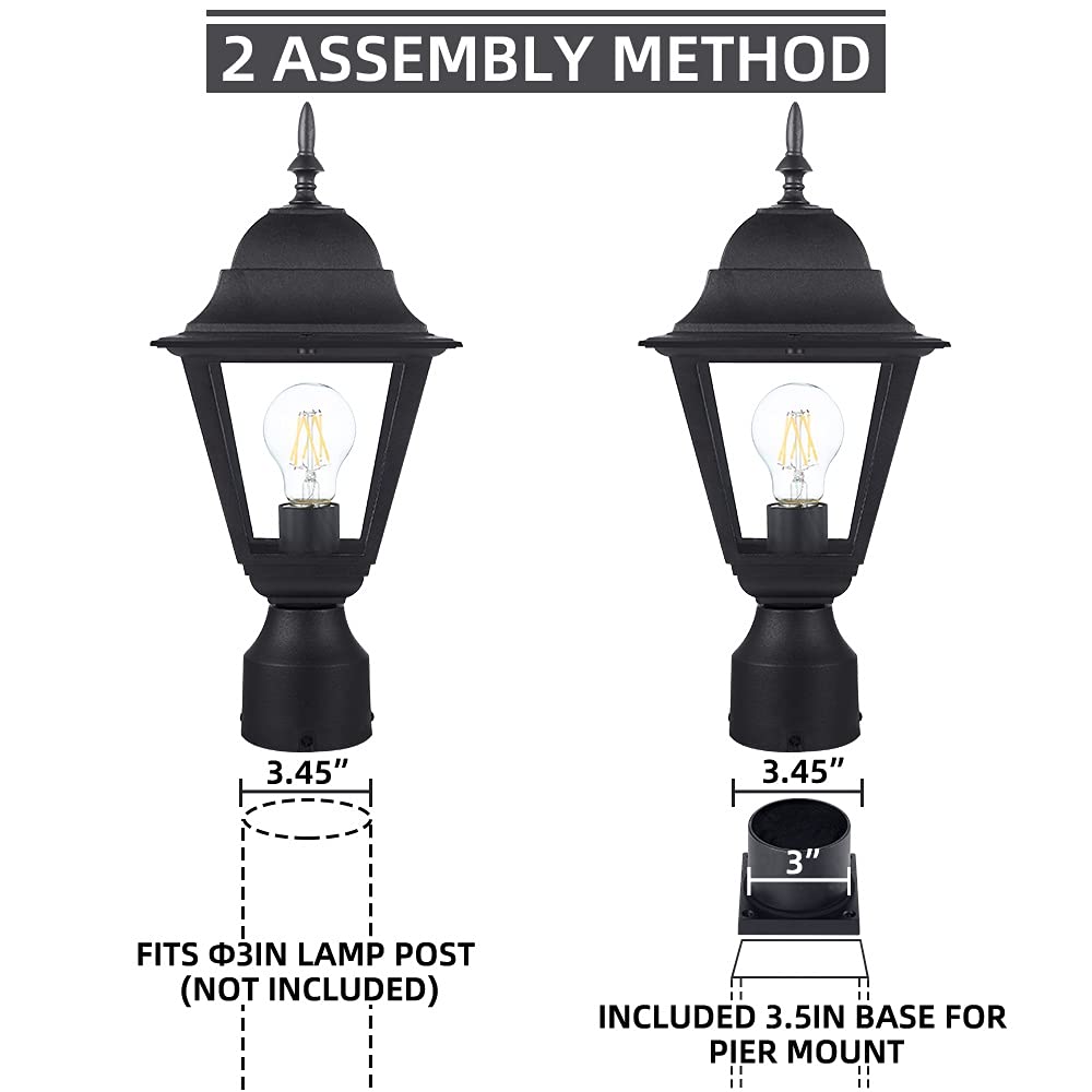 Windben Outdoor Post Light, Waterproof Aluminum Lantern, Matte Black 16.5" Garden Yard Driveway Pier-Mount Lamp Fixture