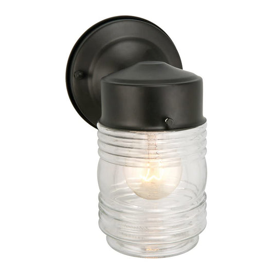 Design House Matte Black Outdoor Wall Light, Jelly Jar Clear Ribbed Glass, Dimmable, Wet Rated, LED-Compatible, 5.25"x7.5"