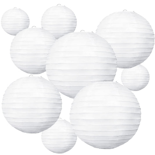 BEISHIDA 10-Pack White Paper Lanterns, Hanging Round Lanterns for Birthday, Wedding, Christmas, Party & Home Decor (4”-10”)