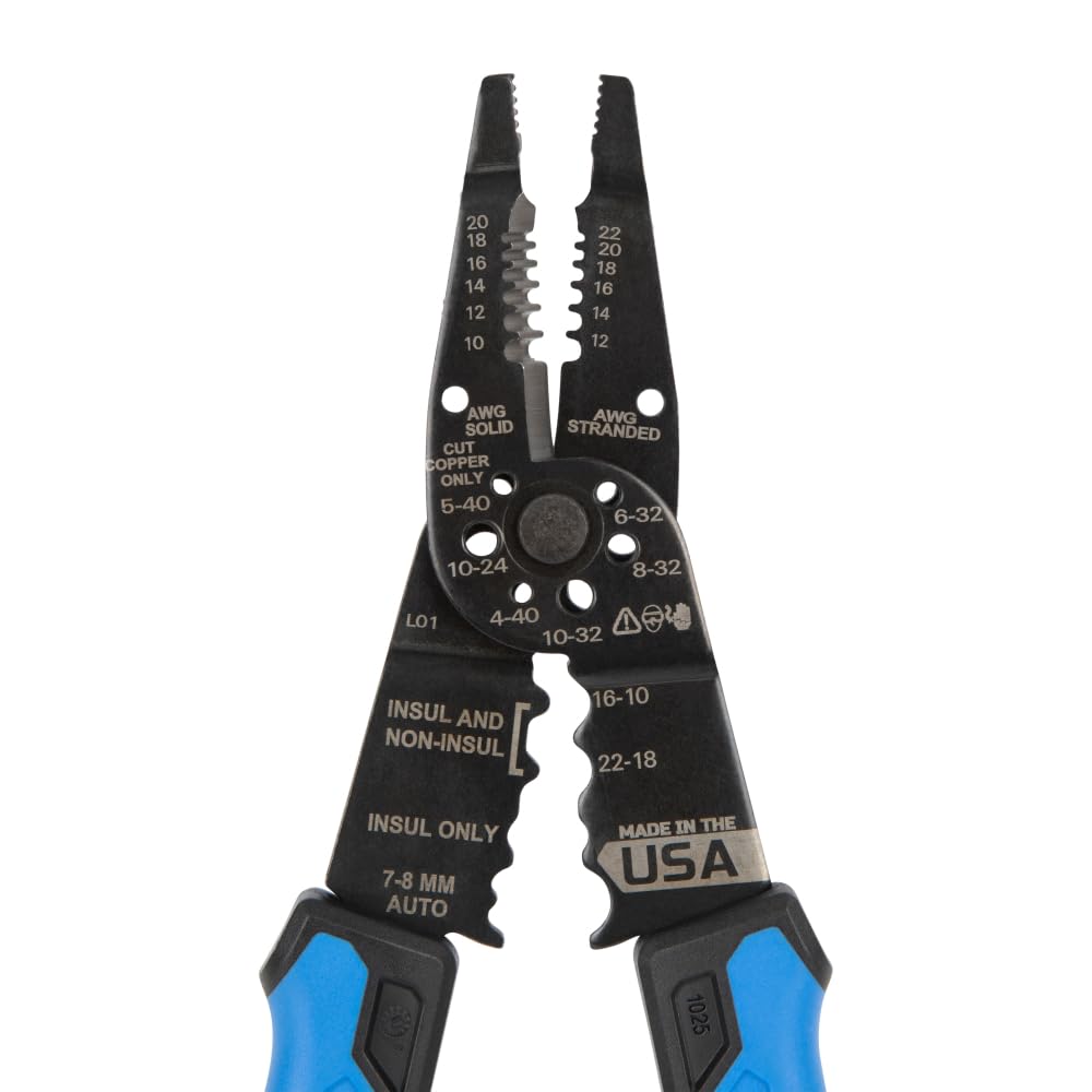 Klein Tools 1025 Long Nose Wire Stripper & Crimper, Made in USA, Multi-Purpose Electrician Tool for 10–20 AWG Solid, 12–22 AWG Stranded