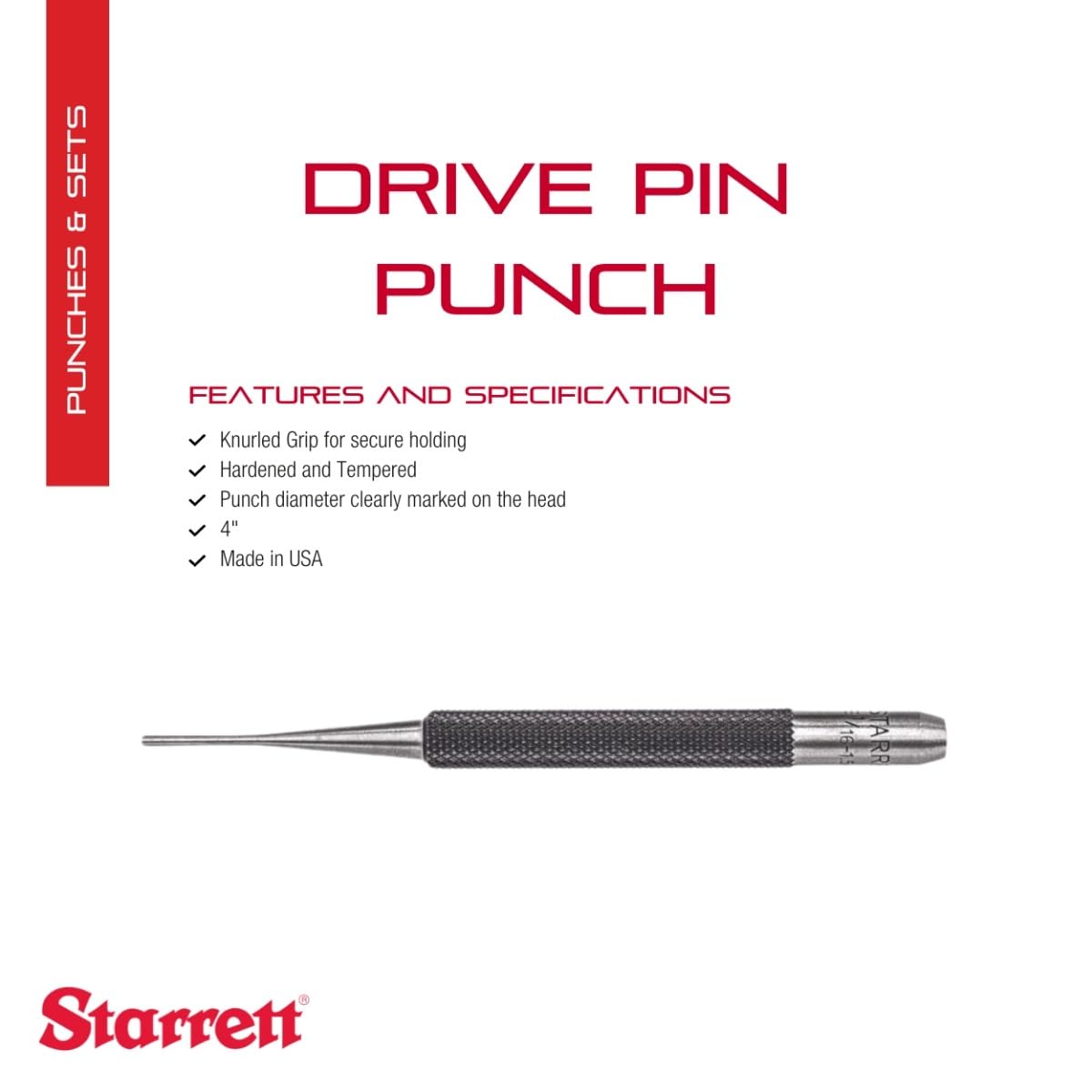 Starrett 565A Drive Pin Punch, 4" Length, 1/16" Diameter, Knurled Grip, Hardened Steel for Driving Pins In/Out of Workpieces