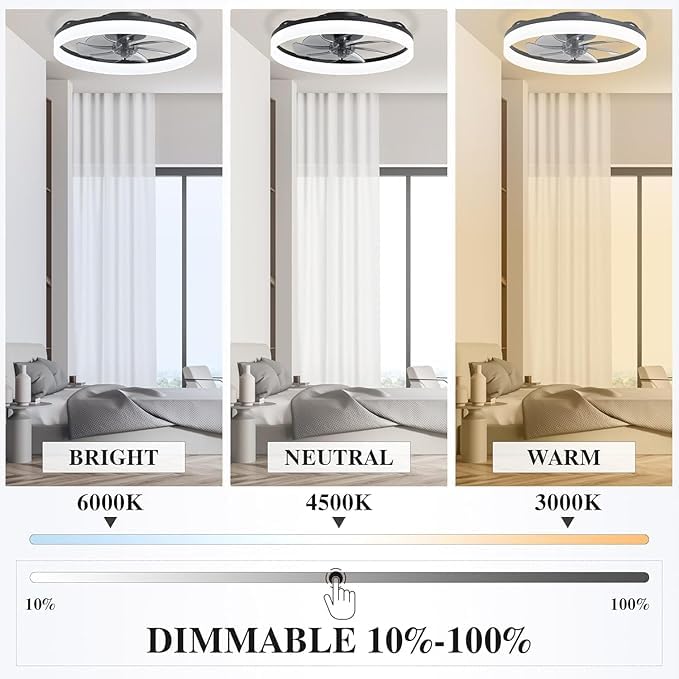 20'' Modern Black Ceiling Fan with Light & Remote, Flush Mount Fandelier for Bedroom, 6 Speeds, Adjustable Color Temperature