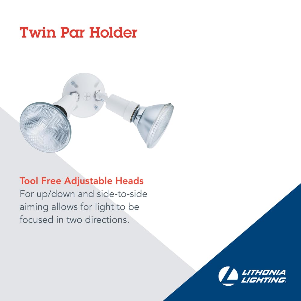 Lithonia Lighting Outdoor Twin PAR Flood Light Fixture, Adjustable Security Floodlight Holder, 120V, Dual Lamp Up to 150W, White