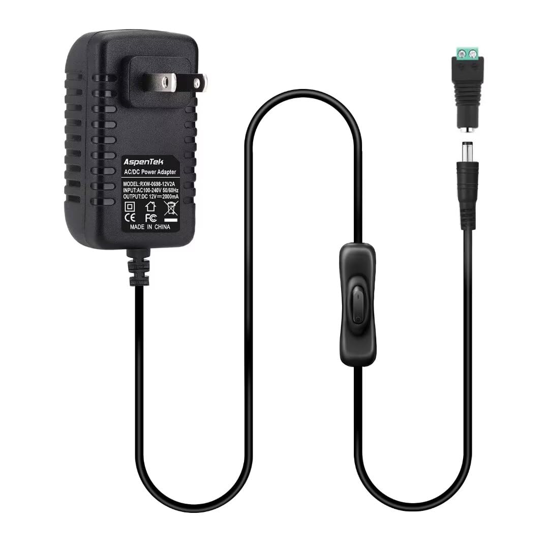 AspenTek 12V DC Power Supply Adapter with Inline On/Off Switch for LED Strips, Bars, Tape & Under Cabinet Lighting, 12W 1000mA Output