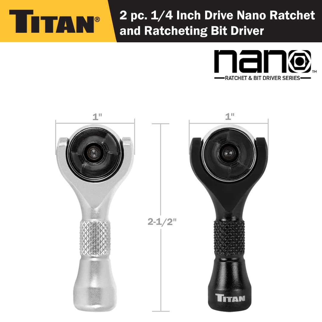 Titan 11332 2-Piece 1/4-Inch Drive x 2-1/4-Inch 90-Tooth Swivel Head Nano Ratchet and Ratcheting Bit Driver Set