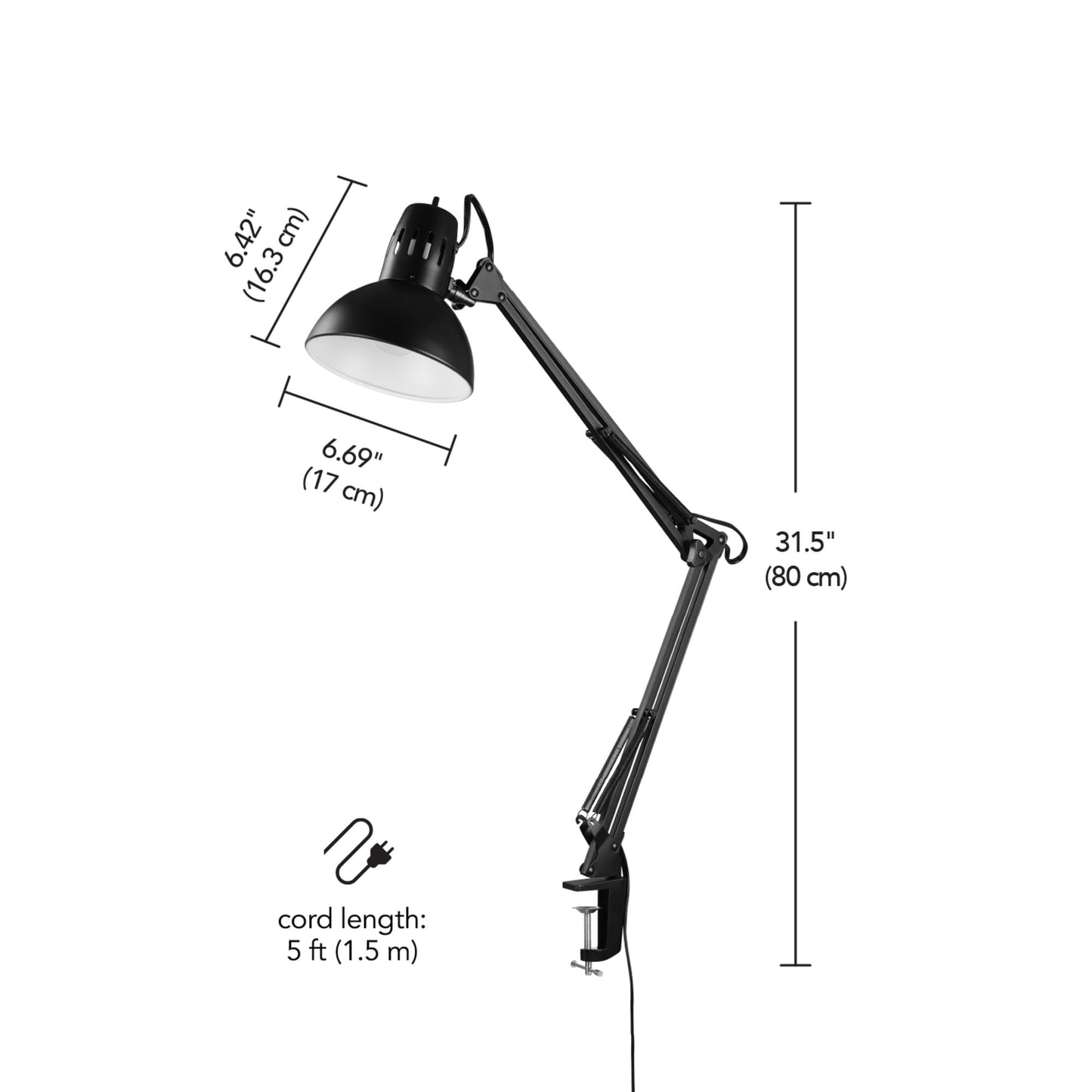 Globe Electric 56963 31.5" Multi-Joint Desk Lamp, Black Metal Clamp Light with Adjustable Swing Arm & Rotary Switch for Home Office Reading