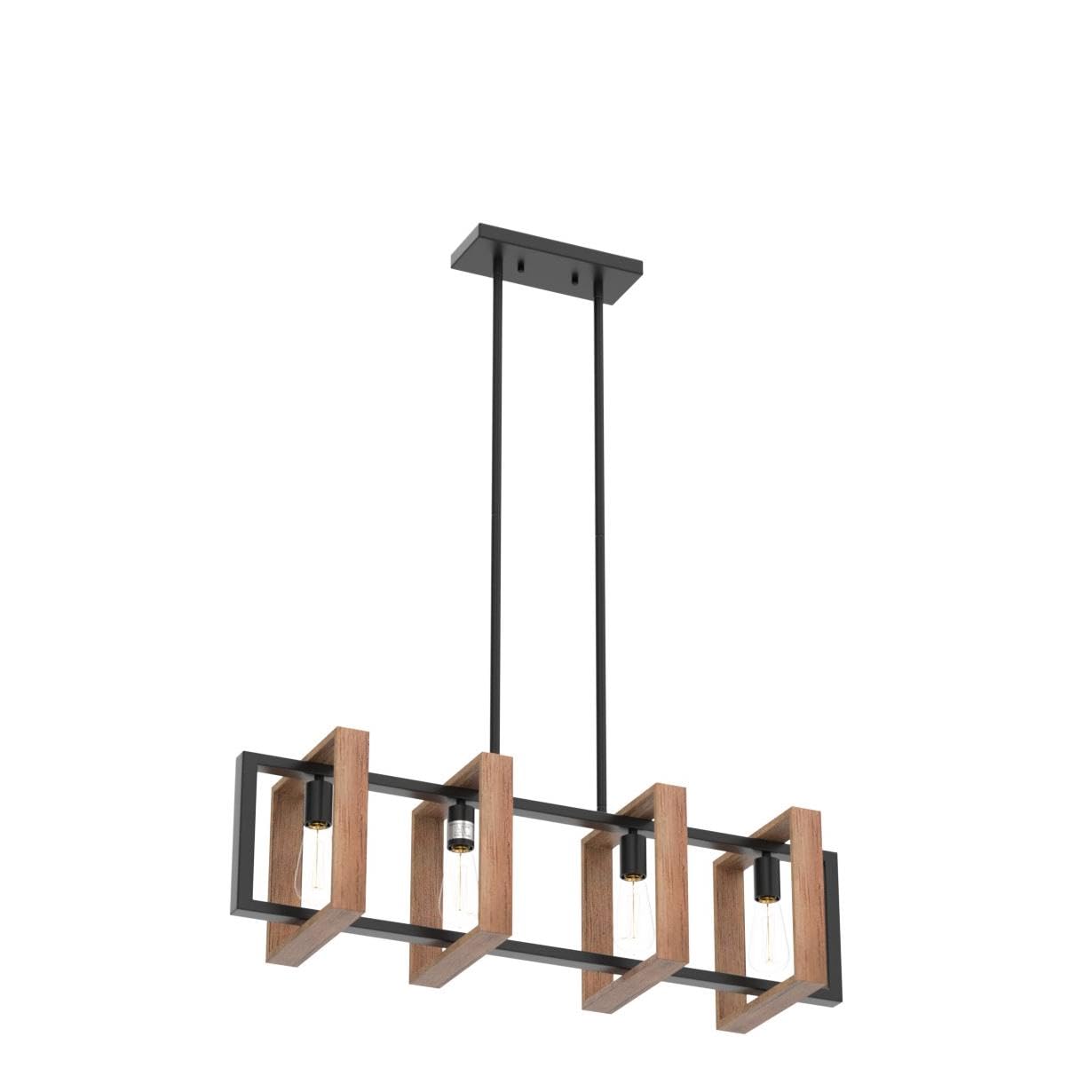 **Farmhouse 4-Light Rectangular Pendant Chandelier, Wood & Black Metal Kitchen Island Dining Room Light, 35.4"**