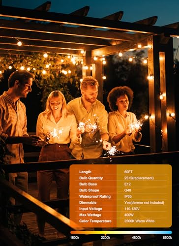 Brightown 50FT Outdoor String Lights with 25 G40 LED Bulbs, Shatterproof IP65 Waterproof, Dimmable Connectable Patio Globe Lights