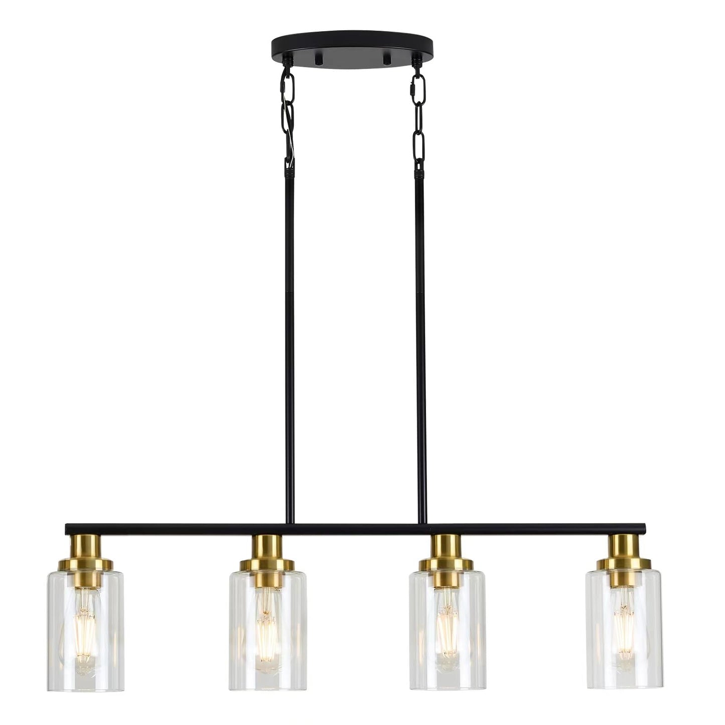 KPIOK 4-Light Island Lights for Kitchen, Farmhouse Linear Chandelier, Matte Black & Gold Industrial Pendant with Clear Glass Shades