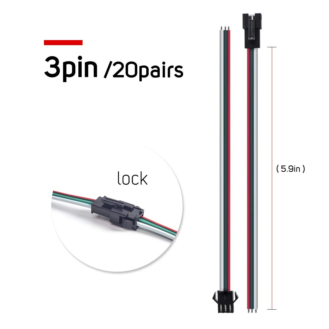 BTF-LIGHTING 20 Pairs JST SM 3 Pin Connectors for WS2812B WS2811 WS2812 WS2814 SK6812 FOCB CCT LED Strip Female Male 15cm 22awg Wire