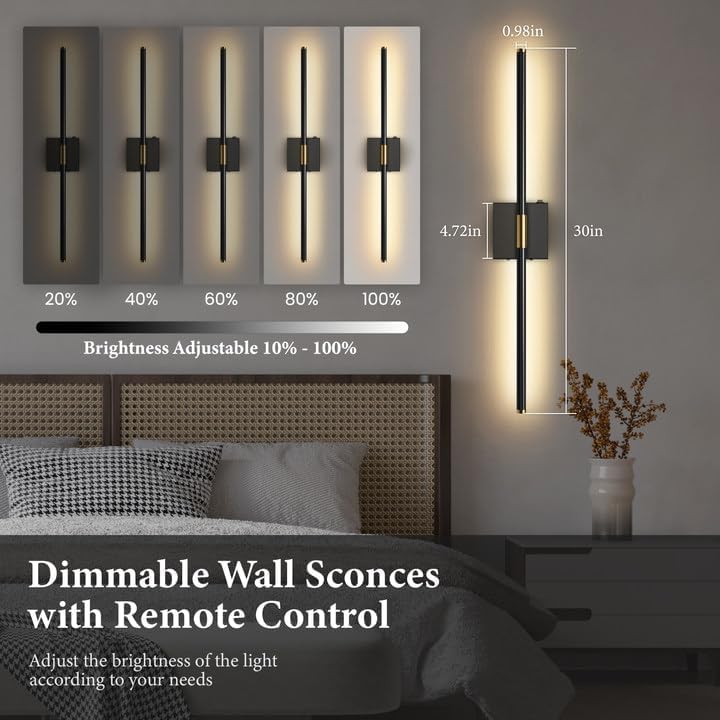 SAIMAND Wall Sconces Set of 2, Battery & USB Rechargeable LED, Dimmable with Remote, 360° Rotatable 30in Black for Living Room/Bedroom