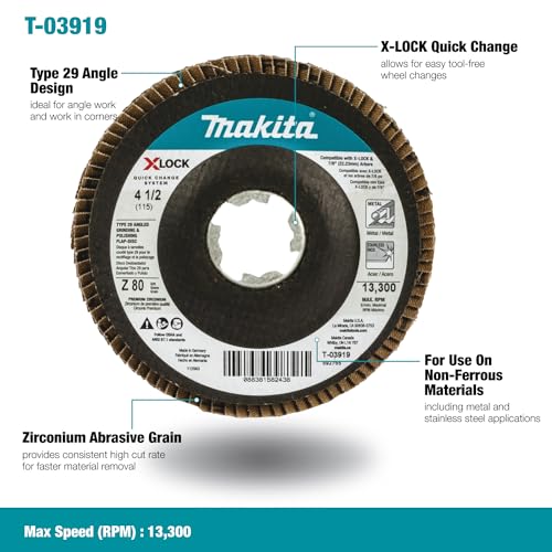 Makita T-03919 X-Lock 4‑1/2" 80 Grit Type 29 Angled Grinding and Polishing Flap Disc for X-Lock and All 7/8" Arbor Grinders