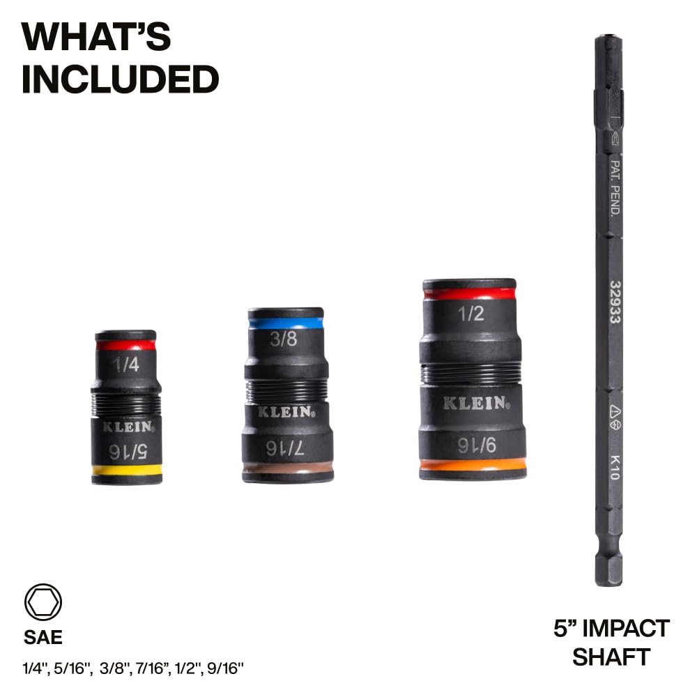 Klein Tools 32933 Impact Driver Set, SAE 7-in-1 Socket, 3 Flip Sockets, 6 Hex Sizes, 1/4" Bit Holder, 5" Shaft