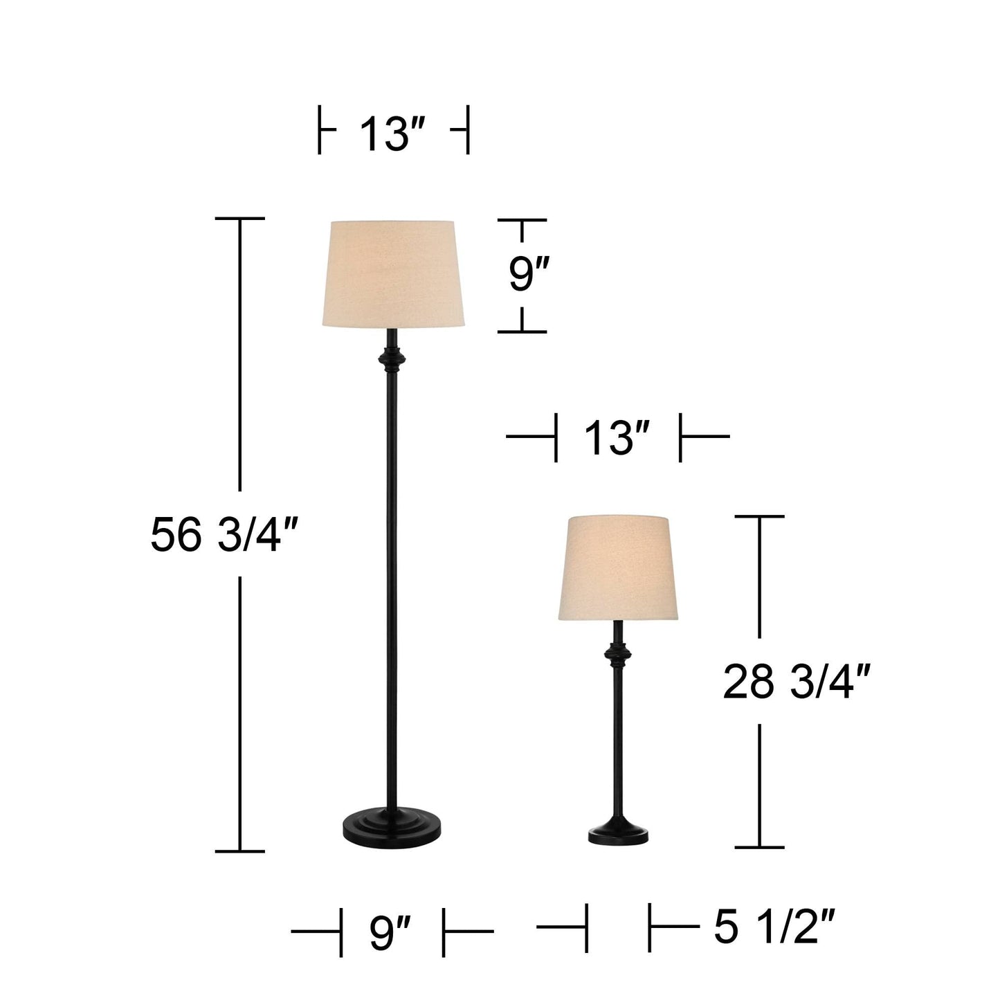 360 Lighting Carter 3-Piece Table & Floor Lamp Set, Black Metal with Cream Drum Shades, Ideal for Living Room, Bedroom, Office