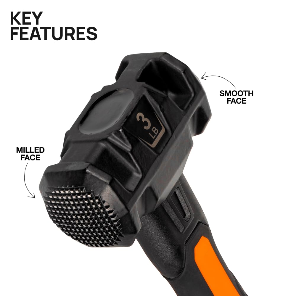 Klein Tools H80693 3 lb Sledge Hammer, Dual-Faced Head, Fiberglass Shock-Resistant Handle, Lanyard Hole, Demolition & Striking Tool