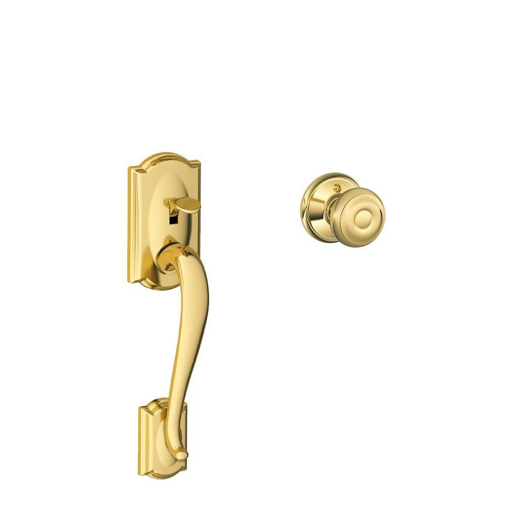 Schlage FE285 CAM 505 GEO 605 Camelot Front Entry Handleset with Georgian Knob, Lower Half Grip, Bright Brass