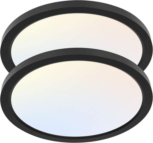 hykolity 2-Pack 12" LED Round Flat Panel Light, 24W, Selectable 3000K/4000K/5000K, Edge-Lit Flush Mount, Black