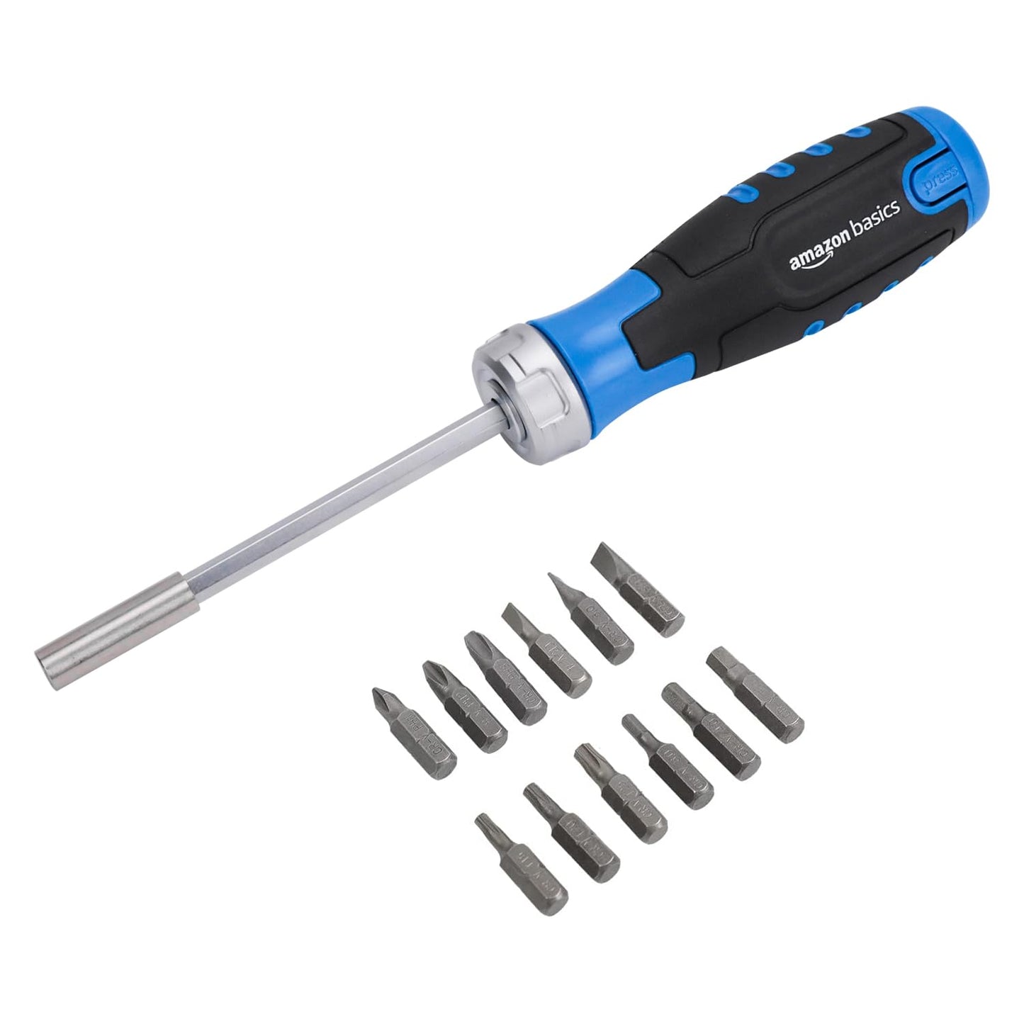 Amazon Basics 12 Piece Ratcheting Magnetic Screwdriver Set with Multiple Bits, Black, Blue, Silver