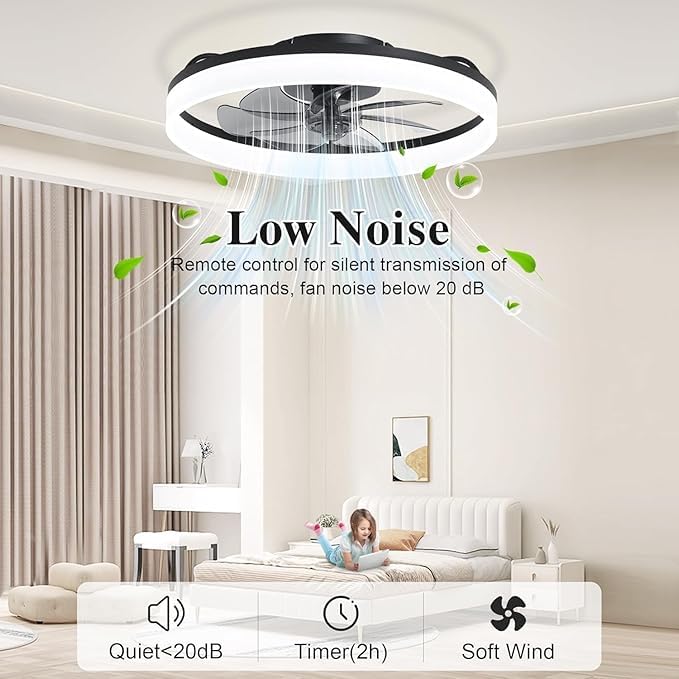 20'' Modern Black Ceiling Fan with Light & Remote, Flush Mount Fandelier for Bedroom, 6 Speeds, Adjustable Color Temperature