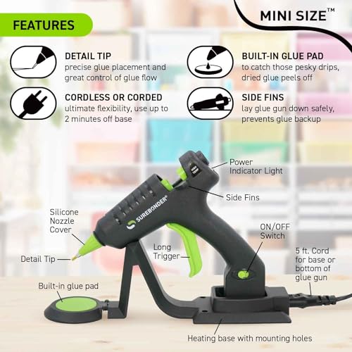 Surebonder Cordless/Corded High-Temperature Mini Hot Glue Gun with Fine Tip for Detailed Crafting and DIY Projects, 20 Watts (CL-195F)