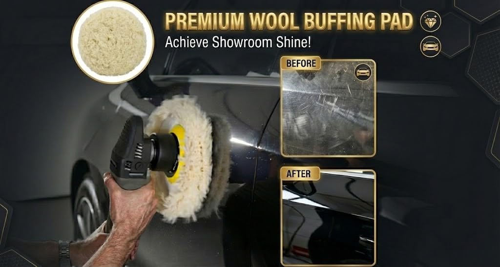 Woolous Wool Buffing Pad, 7 Inch 100% Natural Lambswool Polishing Pad Bonnet Hook and Loop for Car and Boat Polishing, Cutting and Detailing