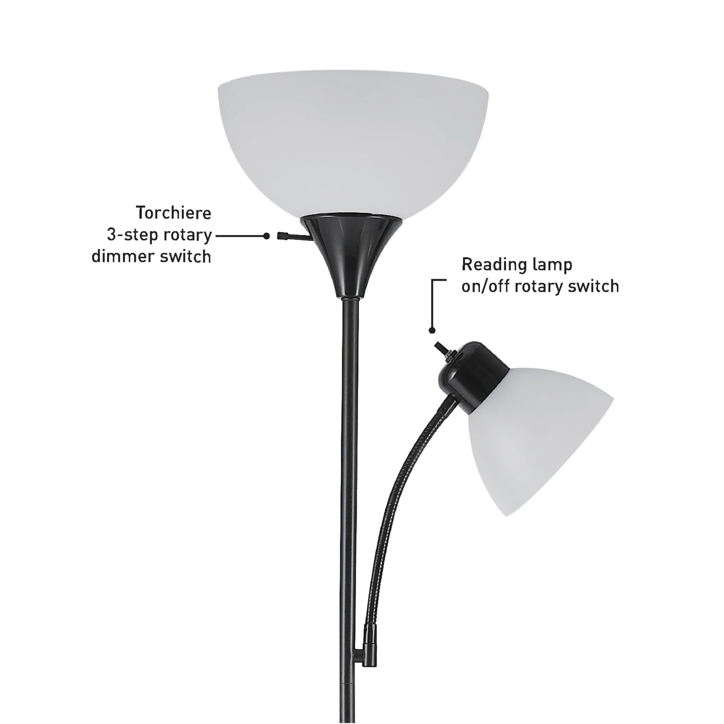 GLOBE Electric 67135 72" Torchiere Floor Lamp with Adjustable Reading Light, Matte Black, Frosted Shade, 3-Step Dimming