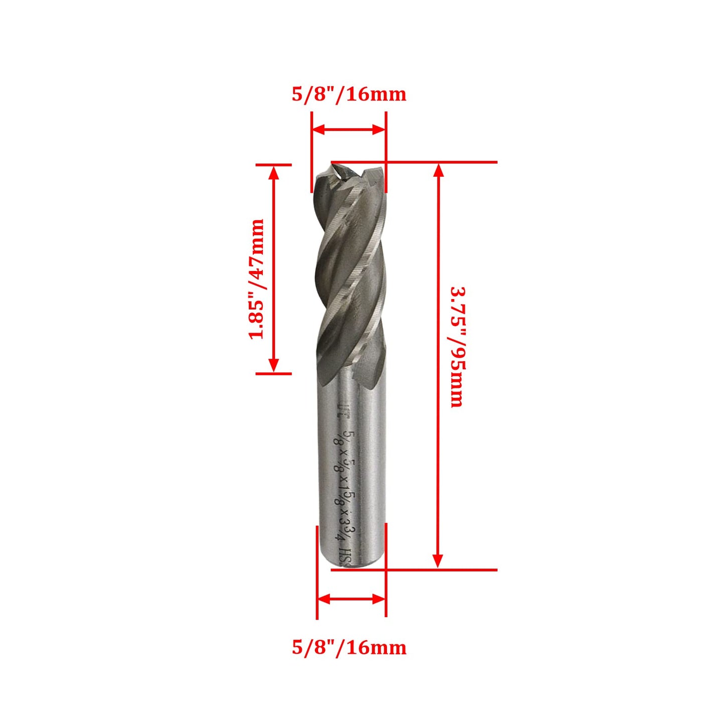Rannb End Mill 5/8" Cutting Dia 5/8" Shank 4 Flute HSS End Mill Drill Bit