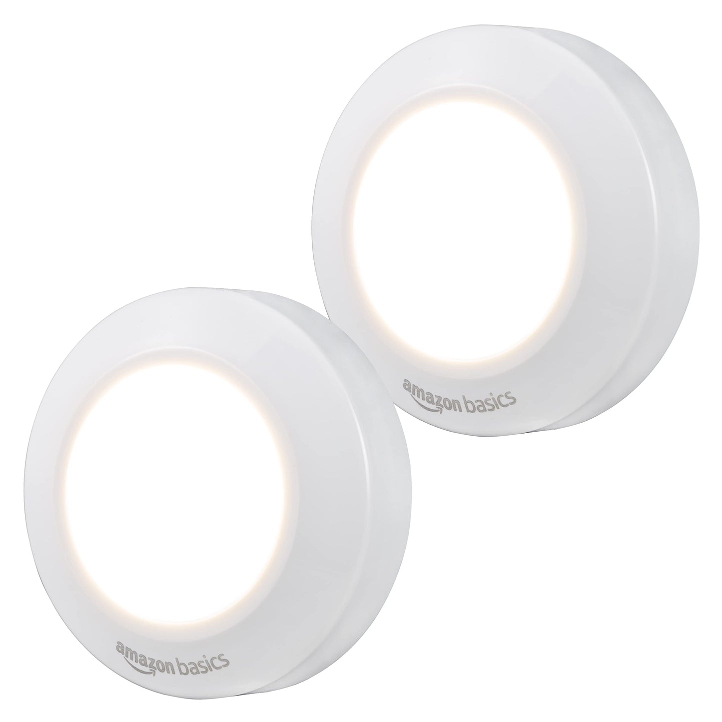 Amazon Basics LED Puck Lights, 2 Pack, Battery Operated Tap Stick-On Lights, 50 Lumens, Ideal for Cabinets, Closets, Garage – White