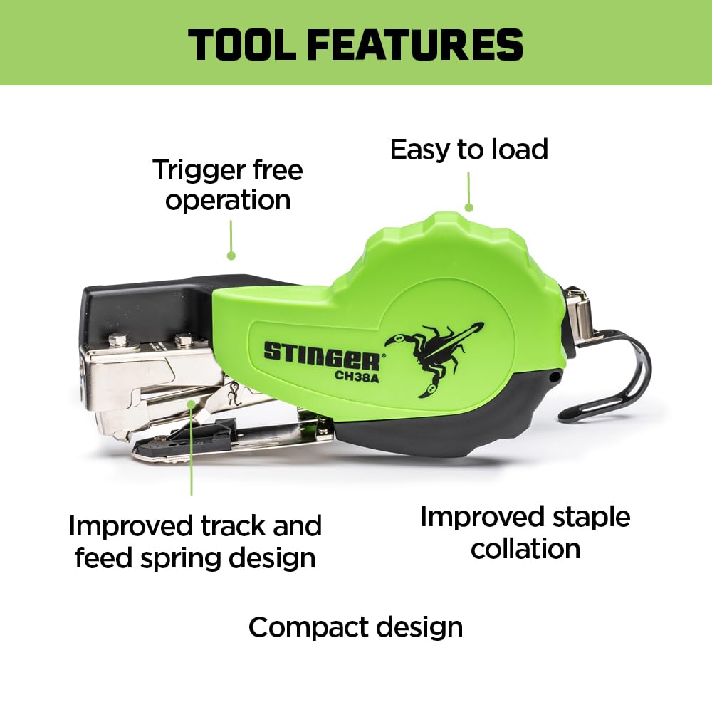 CH38A Autofeed Cap Staple Hammer Tacker, 1" Caps, 3/8" Staples for Roofing Underlayment, Housewrap, and Insulation (STINGER 0136401)