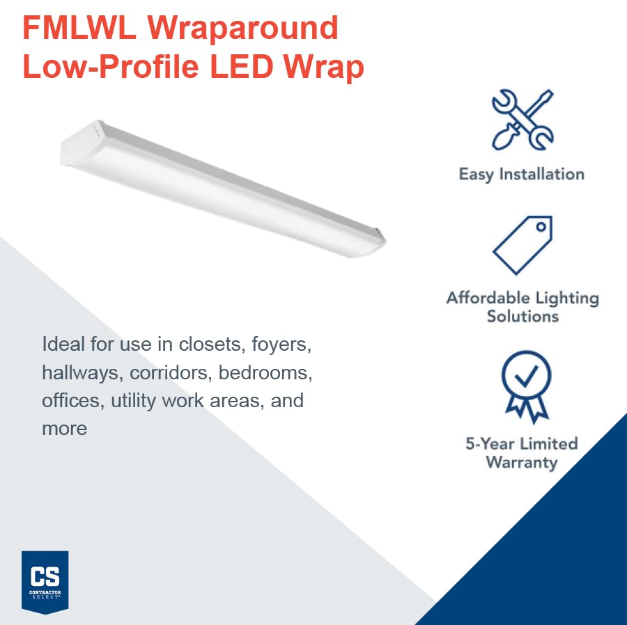 Lithonia Lighting 4 Foot LED Light Fixture, Low-Profile LED Wraparound Flush Mount Ceiling Light, 4000K Cool White, 120V, 48-Inch (FMLWL 48 840)