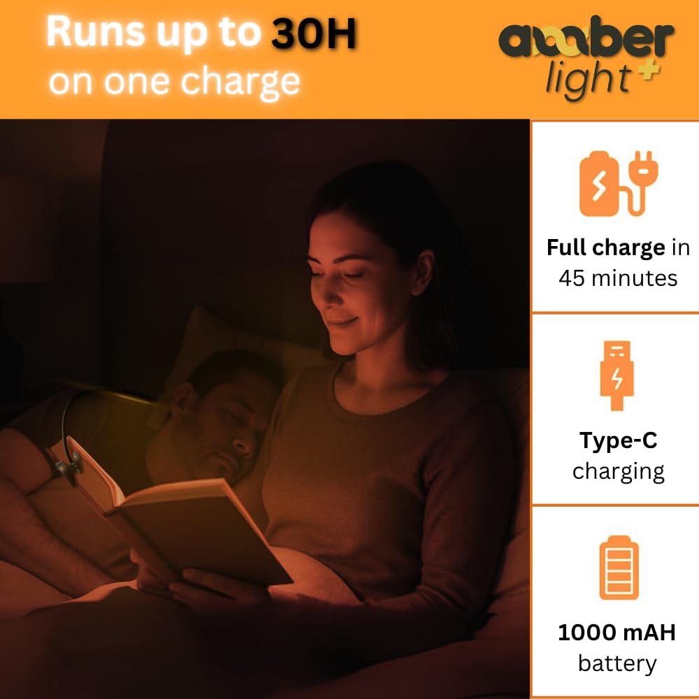 Amber Light Book Light - Rechargeable, Blue Light Blocking, 1600K Warm Night Reading Lamp, Giftable for Kindle & Bedtime Reading