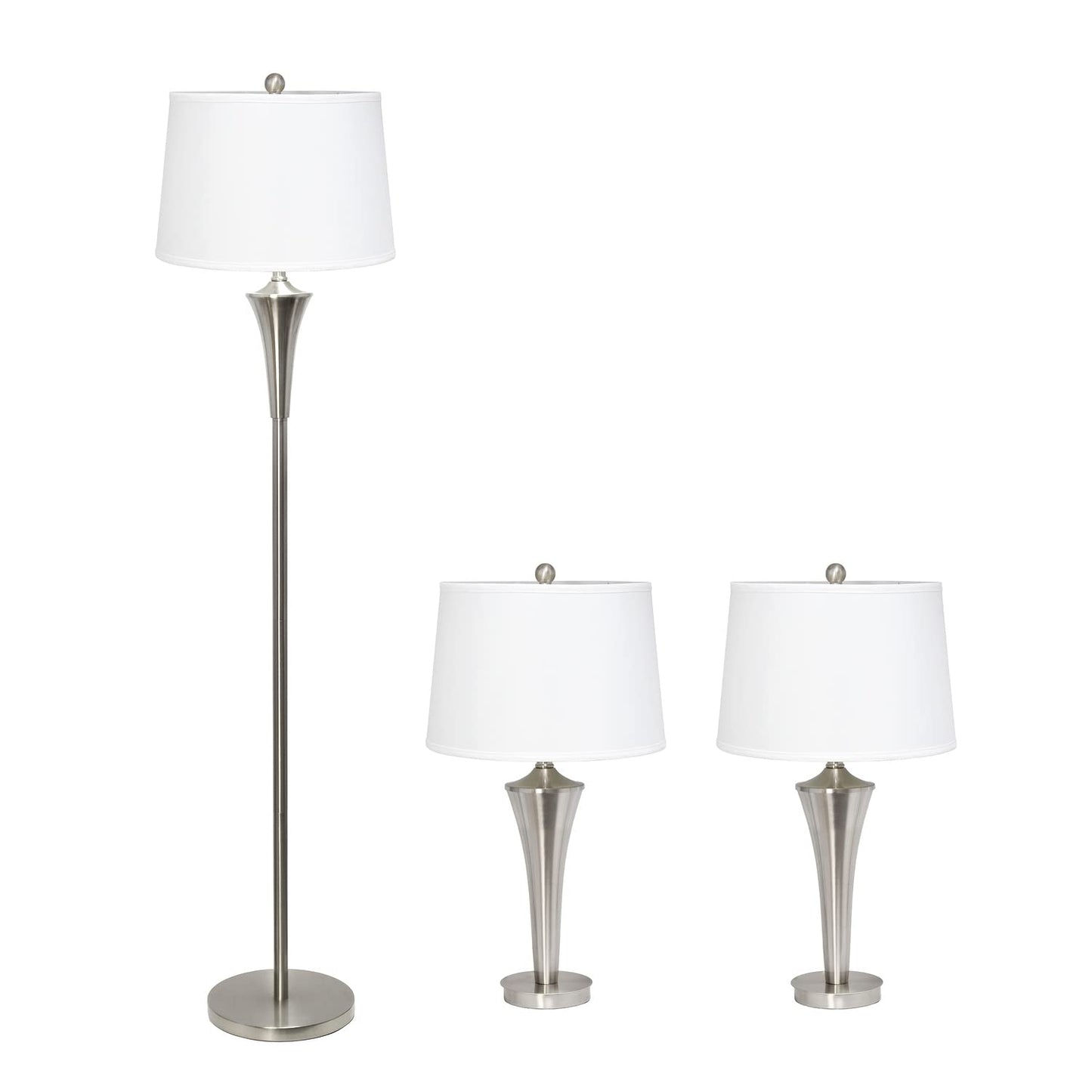 Elegant Designs LC1020-BSN Tapered 3 Pack Lamp Set (2 Table Lamps, 1 Floor Lamp) with White Fabric Shades, Brushed Nickel