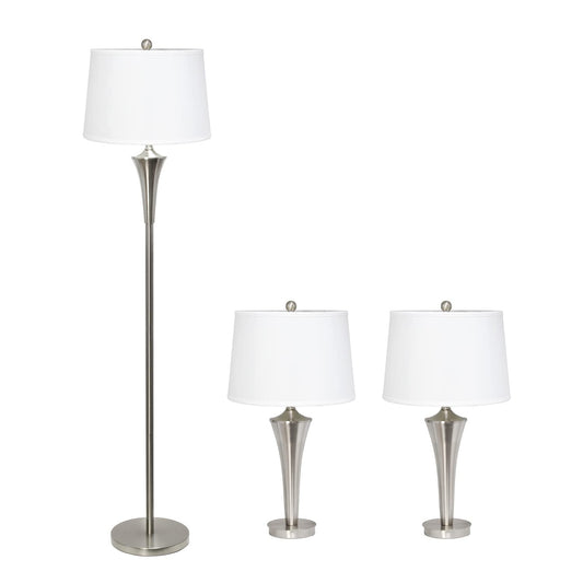Elegant Designs LC1020-BSN Tapered 3 Pack Lamp Set (2 Table Lamps, 1 Floor Lamp) with White Fabric Shades, Brushed Nickel