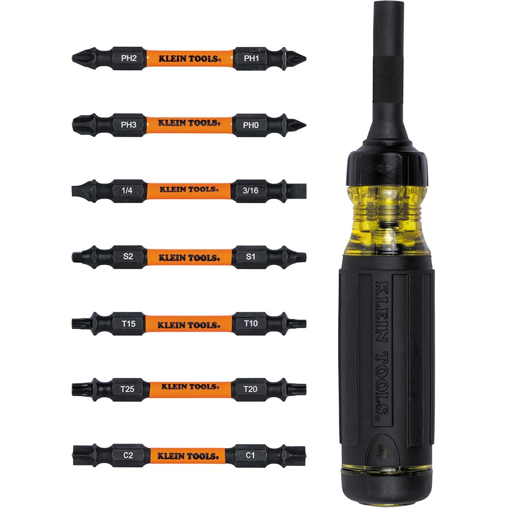 Klein Tools 32315HD 15-in-1 Multi-Bit Ratcheting Screwdriver, Impact-Rated, 7 Double-Ended ProFlex Torsion Zone Tips, 1/4-Inch Nut Driver, 8-Piece