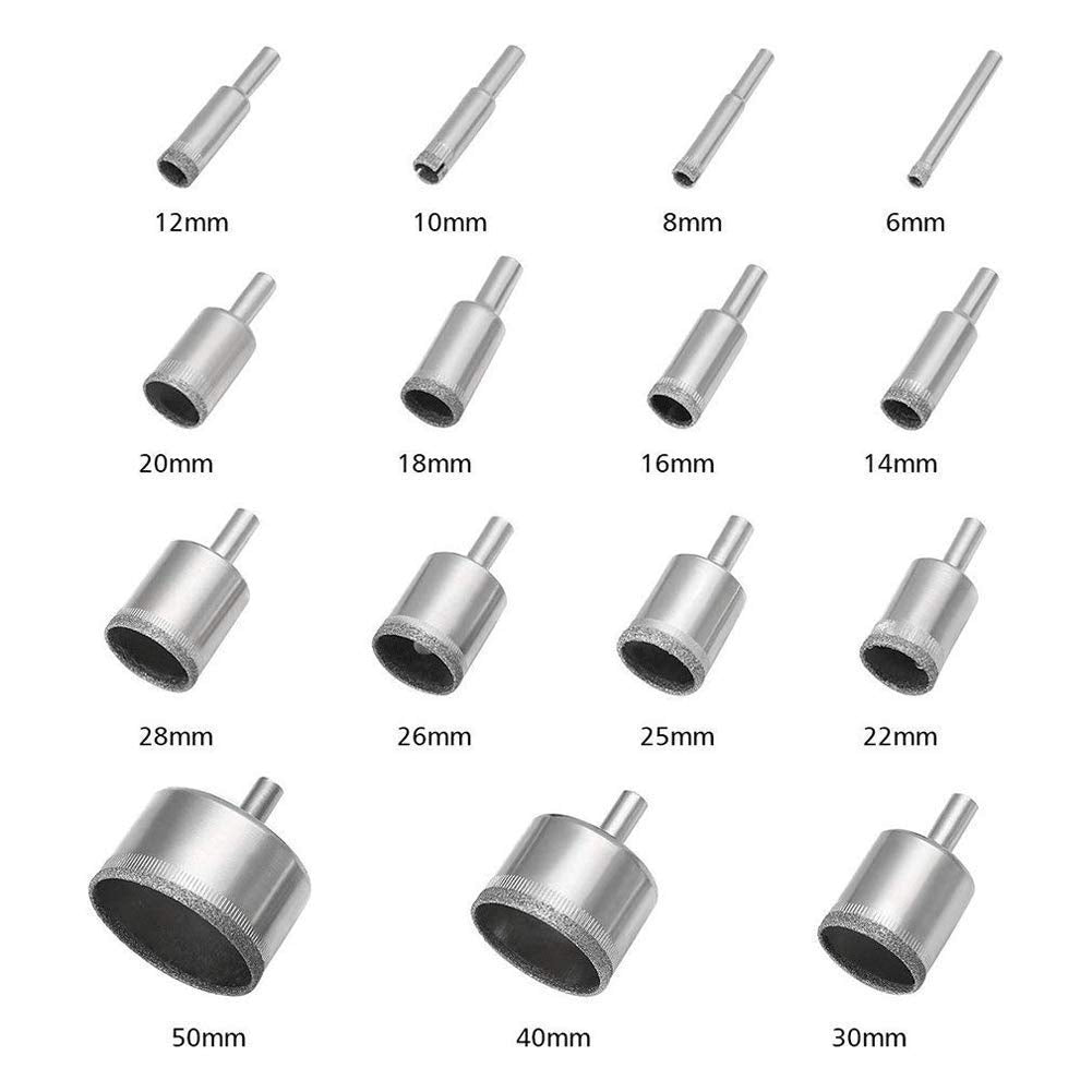 3 otters 15Piece Diamond Hole Saw Kit, (6mm-50mm / 1/4"-2") Glass & Tile Drill Bits, Ideal for Glass, Bottles, Pots, Marble, Granite Stone
